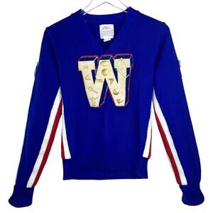 Vintage Varsity Letterman Sweater 70s Dallas Knitting Co Women's Pom Pom V-Neck